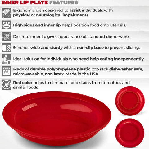 Spillproof Lip Plate With Inner Lip Wall For Adults Red 9 Inch Non Slip Adaptive Plate For Independence Lightweight 3 Pack For Disabled Eating Aid Daily with highlighted features.