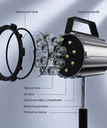 Exploded view of 18W LED Lathe Light With 1800 Lumens, Flexible Magnetic Mount Work Lamp For CNC Milling Machines And Drill Presses, Built Tough For Your Shop, Aluminum Body featuring optical lens, LEDs, aluminum lampshade, and handle.