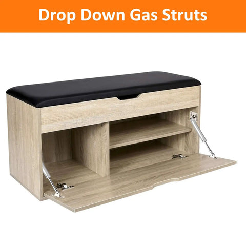 Two Pack 150 Newtons 33 Pounds Drop Down Gas Struts installed in wooden cabinet, supporting open lid at 90 degrees.