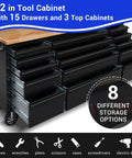 72 Inch Rolling Tool Chest With 3 Upper Cabinets And 15 Drawers, pegboard, large mobile toolbox on wheels in garage workshop