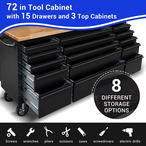 72 Inch Rolling Tool Chest With 3 Upper Cabinets And 15 Drawers, pegboard, large mobile toolbox on wheels in garage workshop