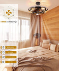 Bedroom with 20 Inch Farmhouse Caged Ceiling Fan With Lights And Remote, Low-Profile Black Semi-Flush Mount, Dope Rustic Vintage Style.