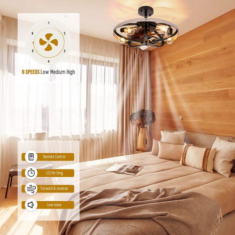 Bedroom with 20 Inch Farmhouse Caged Ceiling Fan With Lights And Remote, Low-Profile Black Semi-Flush Mount, Dope Rustic Vintage Style.