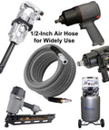 Hybrid Air Hose 1/2 Inch Inside Diameter By 50 Feet Long With 3/8 Inch MNPT Solid Brass Fittings, coiled with power tools