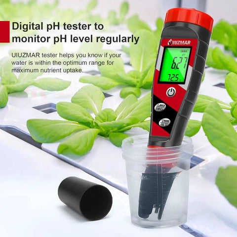 Hydroponics 4 In 1 pH Meter EC TDS Temperature Tester for Home Growers measuring solution in cup next to plants