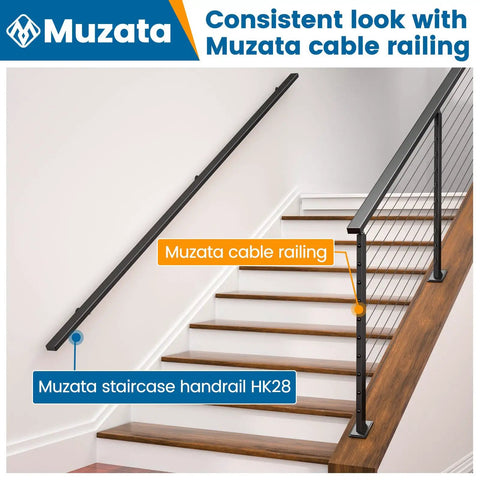 Bulletproof Stainless Steel Stair Handrail Ten Foot Wall Mount With No Sweat Setup Pre Drilled Holes Heavy Duty Family Safety Grip Commercial Grade Railing Built Tough For Every Household, installed on stairs with Muzata cable railing.