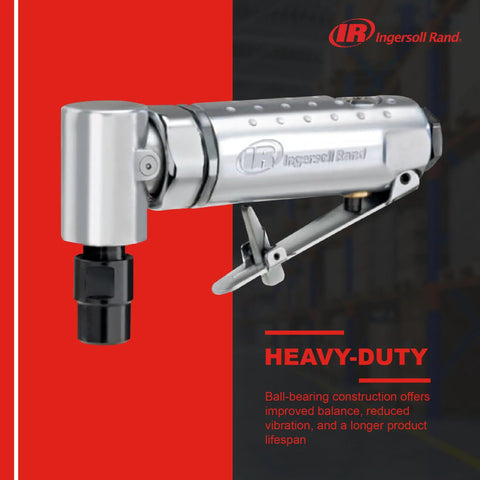 Ingersoll Rand 301B 1/4 in right-angle air die grinder, side view, aluminum housing with IR logo