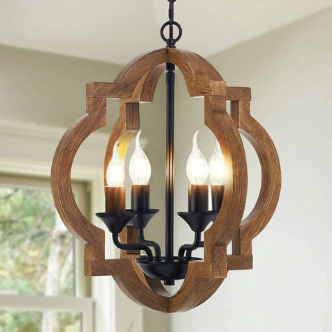 4-Light Farmhouse Wood Chandelier With Adjustable Hanging Chain, Rustic Vintage Pendant Lighting For Living Room Dining Room Kitchen Island Foyer Entryway 15.4 Inch Cozy Rustic Vibe
