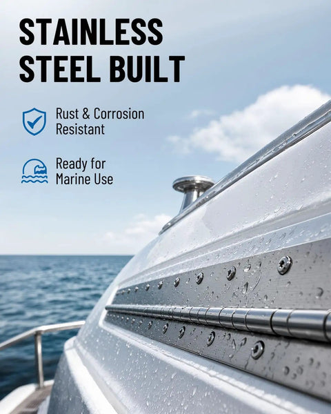 Close-up of Heavy Duty Rock Solid Stainless Steel Continuous Piano Hinges 36 By 3 Inch Rust Proof on a boat for marine use.