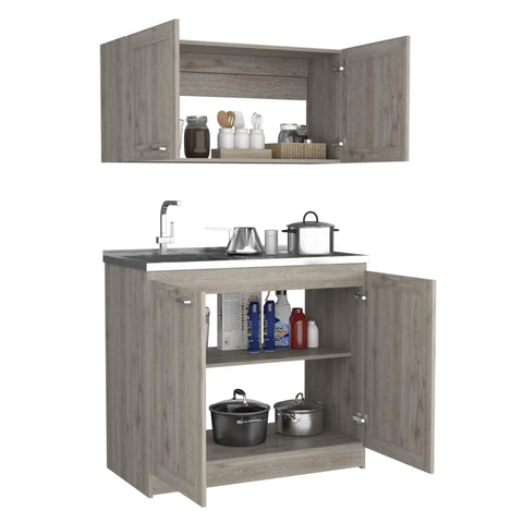 Totally Fresh Two Part Storage Cabinet In Light Gray Featuring Heavy Duty Engineered Wood Craft And Huge Countertop Area That Is Truly Made For Easy Home Organization, with open shelves and pots.