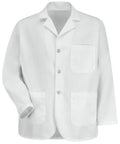 Go To White Counter Coat With Notch Collar And Lapel Durable UV Resistant Non Yellowing Buttons With Left Chest And Two Lower Pockets Generous 30.75 Inch Back Length For Full Coverage Size Large