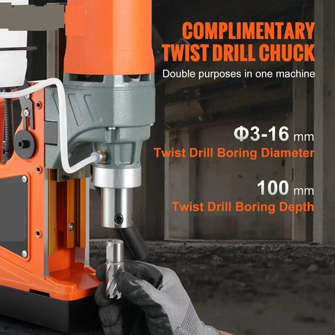 Heavy Duty 1450W Magnetic Drill Press With 2 Inch Boring Capacity And 12500/12800N Magnetic Pull, 800 RPM Portable Electric Mag Drill For Onsite Work showcasing twist drill chuck.