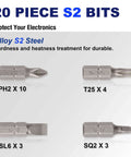 Front view of 20-piece S2 screwdriver bit set in clear lid case with PH2, T25, SL6, SQ2 bits.