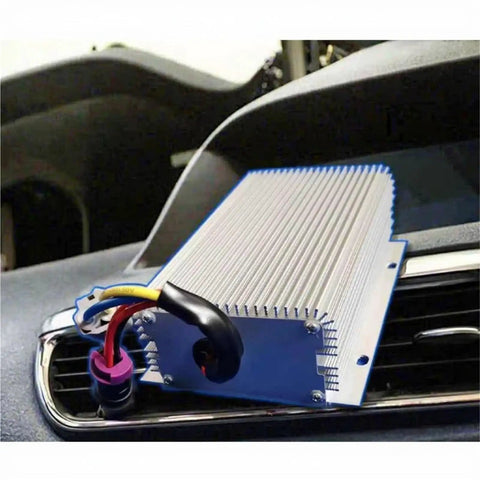 Heavy Duty 96 To 24 Volt Isolated DC Converter 500 Watt Automotive Power Supply for Electric Vehicles seen atop dashboard.