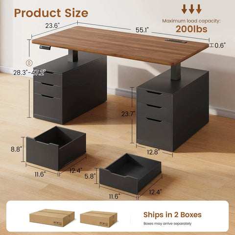 Electric Standing Desk With 6 Drawers, 55 Inch Wide Adjustable Desk With Ample Storage, Black Finish, Two Separate Boxed Units