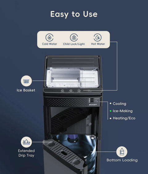 4 In 1 Water Dispenser With Ice Maker, Hot And Cold Water Cooler, bottom loading design with child safety lock and night light, fits 3 and 5 gallon bottles for home and office