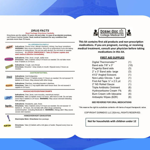 Label of Campus Ready First Aid Kit For Dorms, School And Sports, Compact Grab And Go Medical Set With Bandages, OTC Meds, Gauze.