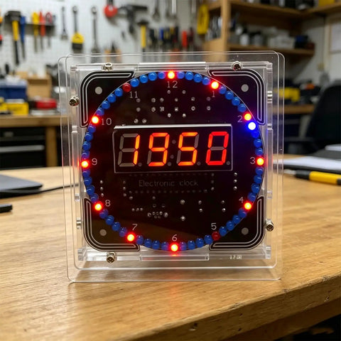 60s Clock DIY Kit for Soldering Practice, digital clock with transparent case showing time, on a workbench