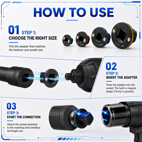 Upgrade Your Garage With This Slick Low Profile Impact Socket Adapter Set, Including 4 Essential Pieces for Fast Drive Size Swaps from Quarter Inch To Full Inch For Serious DIY And Pro Mechanic Jobs. how to use chart for 4-piece magnetic impact socket adapters
