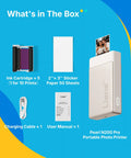 Portable AI Photo Printer For iPhone And Smartphone, Instant Mini Sticker Printer With Bluetooth, Dye Sublimation 3 Inch Prints shown with accessories including ink cartridges, adhesive paper, charging cable, and manual.
