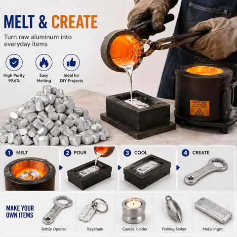 Premium Grade 99.6 Percent Pure Aluminum Ingots And Pellets Pack One Pound in casting process with melting furnace.