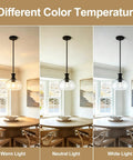 puncoll 2 PK 9 Inch Modern Black Clear Glass Pendant Light showcasing three color temperatures: warm, neutral, and white.