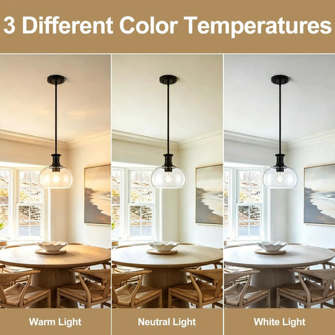 puncoll 2 PK 9 Inch Modern Black Clear Glass Pendant Light showcasing three color temperatures: warm, neutral, and white.