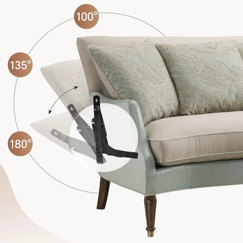 Heavy Hitter Dual Phase Sofa To Bed Converter Kit featuring adjustable black steel hinges and sofa angles at 100°, 135°, and 180°.