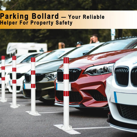Heavy Duty 32 Inch Stainless Steel Safety Bollards With Bright Reflective Tape Removable Parking Posts For Driveways And Sidewalks Includes Six Concrete Anchors Rock Solid 2 Pack in parking lot with cars