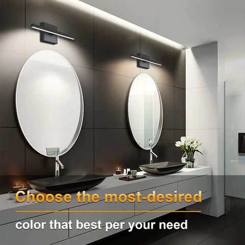Modern bathroom with 15.7 Inch Black Dimmable LED Vanity Light Over Mirror With 12W Power And Five CCT Color Temperatures 2700K To 5000K