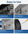 Easy to use tutorial for Tire Plug Kit for Tubeless Flats, 20 Pcs Screw In Plugs in Two Sizes, showing repair steps.