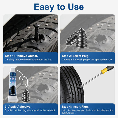 Easy to use tutorial for Tire Plug Kit for Tubeless Flats, 20 Pcs Screw In Plugs in Two Sizes, showing repair steps.
