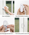 Two Pack Kid Safe Home Door Alarm System With 2 In 1 Chime And Alarm Three Level Volume Control Loud 98 Decibel Alerts For Doors Windows Rooms Garage RVs Pool House, white plastic, adhesive install on window frame