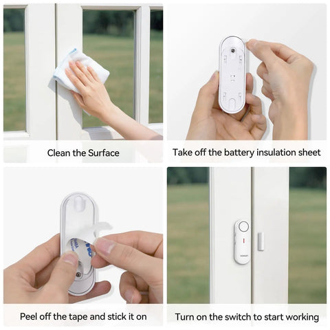 Two Pack Kid Safe Home Door Alarm System With 2 In 1 Chime And Alarm Three Level Volume Control Loud 98 Decibel Alerts For Doors Windows Rooms Garage RVs Pool House, white plastic, adhesive install on window frame