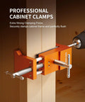 Rock Solid Face Frame Cabinet Clamps Featuring Integrated Drill Guide For Dead Center Pilot Holes And No Sweat Screw Driving Dependable Two Pack Woodworking Kit installed on cabinet frame.