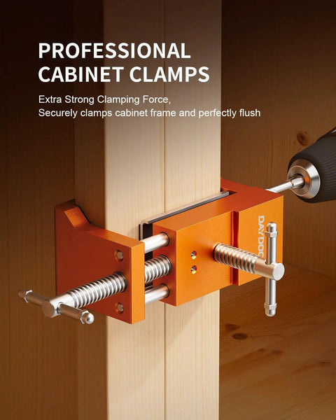 Rock Solid Face Frame Cabinet Clamps Featuring Integrated Drill Guide For Dead Center Pilot Holes And No Sweat Screw Driving Dependable Two Pack Woodworking Kit installed on cabinet frame.