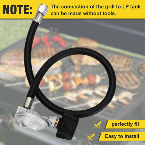 Grill Hose And Regulator Kit With Easy Install For Genesis Spirit Summit Front Control Grills and barbecue setup in background.