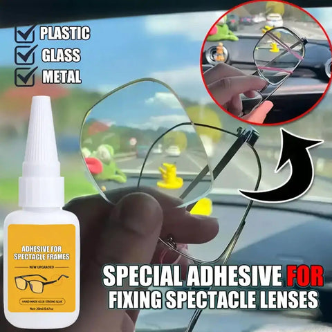 Adhesive for spectacle frames shown with plastic, glass, metal compatibility in outdoor setting