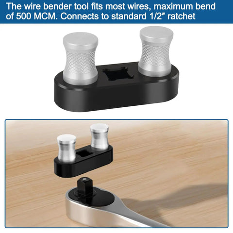Heavy Duty Cable Bender Tool For Electrical Work with black base and silver knobs, connects to standard half inch ratchet.