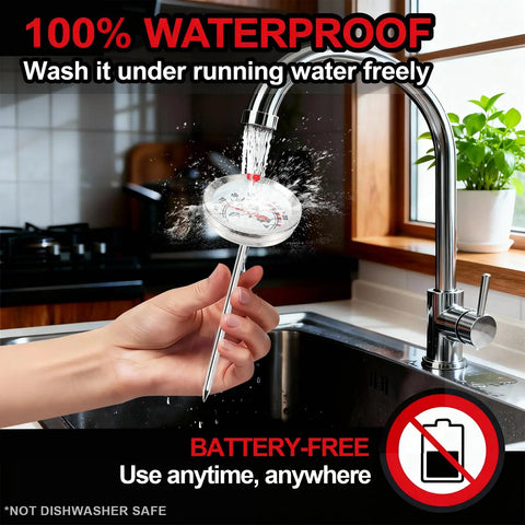 Instant Read Meat Thermometer With 2 Inch Dial Stainless Steel Kitchen Thermometer being washed under a faucet