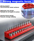 Eight Piece Socket Organizer Set With Six Socket Trays And Two Wrench Racks For One Quarter Inch Three Eighths Inch And One Half Inch Sockets And Metric SAE Tools For Your Garage Or Toolbox, showing magnetic socket tray on metal surface.