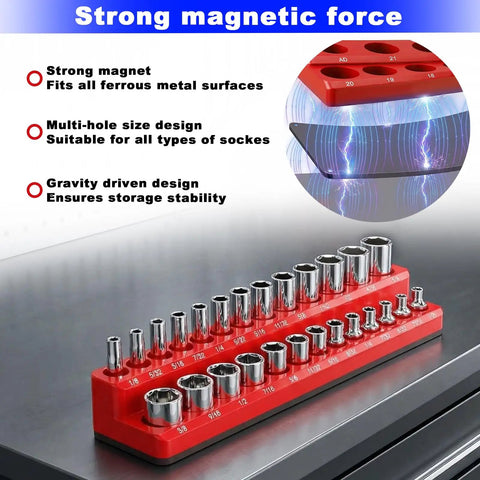 Eight Piece Socket Organizer Set With Six Socket Trays And Two Wrench Racks For One Quarter Inch Three Eighths Inch And One Half Inch Sockets And Metric SAE Tools For Your Garage Or Toolbox, showing magnetic socket tray on metal surface.
