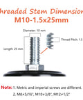 Diagram of M10-1.5x25mm threaded stem with dimensions, part of the Heavy Duty Swivel Caster Set Of 4 With 2 Inch Wheels And M10 Threaded Stem.
