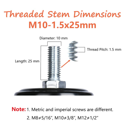 Diagram of M10-1.5x25mm threaded stem with dimensions, part of the Heavy Duty Swivel Caster Set Of 4 With 2 Inch Wheels And M10 Threaded Stem.