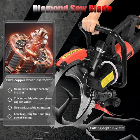 12000W Wall Chaser Concrete Cutter With 16 Inch Electric Ring Saw For Wet Cutting Stone Rebar And Marble Includes Water Fed Dust Suppression System High Power Brushless Motor For Fast Efficient Masonry Work, featuring a diamond saw blade and brushless motor.