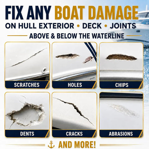 Heavy Duty White Fiberglass Boat Repair Kit With Tough As Nails Gel Coat Paste To Patch Pits Cracks Gouges On Jet Skis Kayaks And Any Marine Rig Fast Cure showing various damaged boat surfaces like scratches, holes, and cracks.