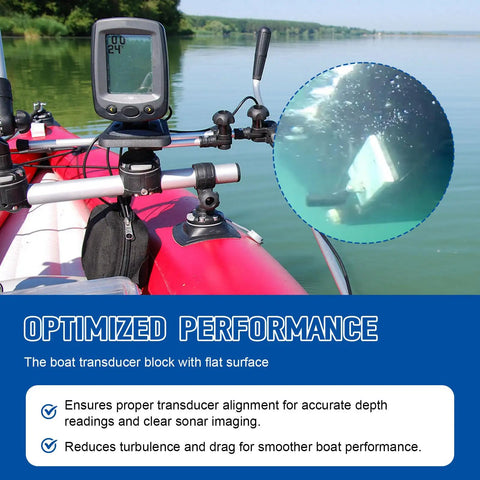 Display of Universal Transducer Mounting Plate For Boats And Kayaks, 12 By 3.5 By 0.75 Inch Transom Board, mounted on red kayak