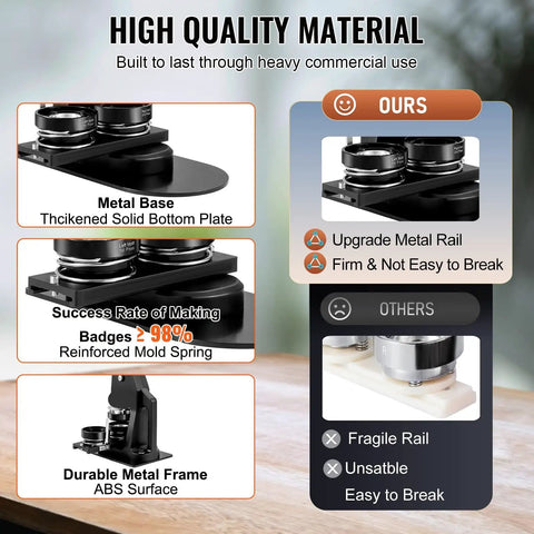 Button Maker Machine Kit With 100 Parts For DIY Badges And Pins, high-quality metal base and frame with reinforced mold spring.