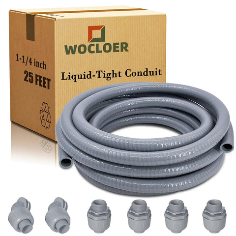 Liquid Tight PVC Conduit Kit, 1-1/4 Inch, 25 Foot Flexible Non Metallic Electrical Conduit With 4 Straight And 2 Angle Fittings