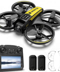 Beginner Kids Drone With Camera And Remote Control Brushless Motors For Quieter Power Optical Flow Hover One Key Takeoff FPV Video 360 Degree Roll Stunts Kid Friendly Stable Flight For Young Flyers Yellow Batteries Included, drone and remote items on display
